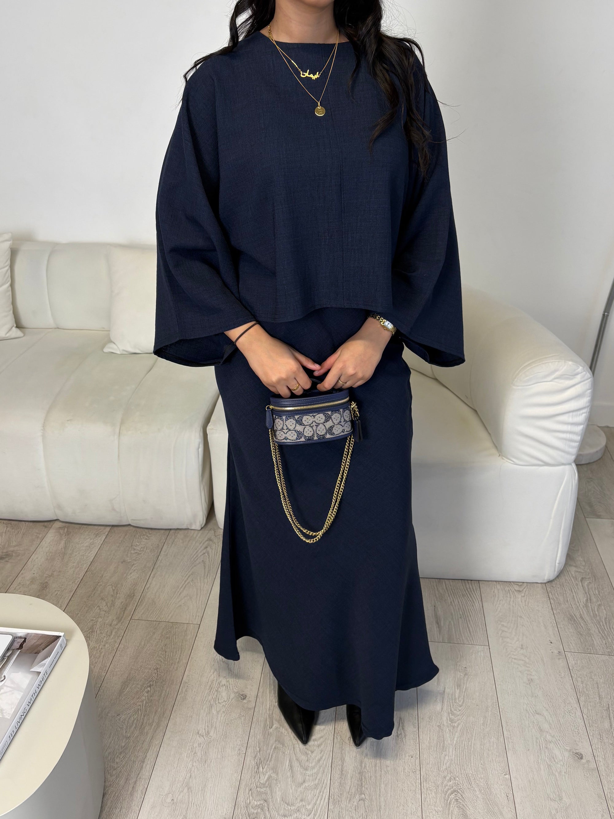 Navy cape top and skirt set
