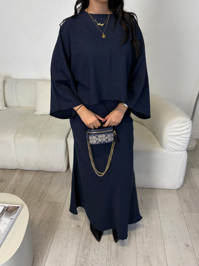 Navy cape top and skirt set