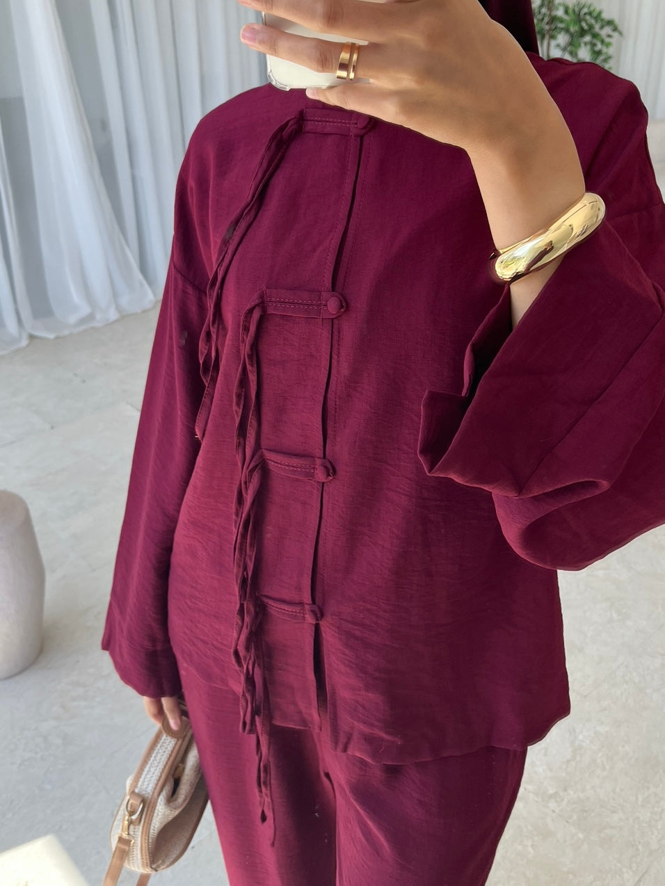 Burgundy two piece top and trouser co-ord