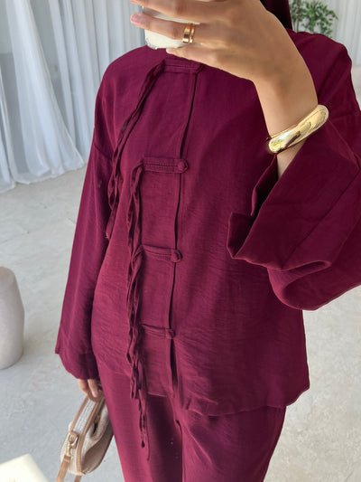 Burgundy two piece top and trouser co-ord