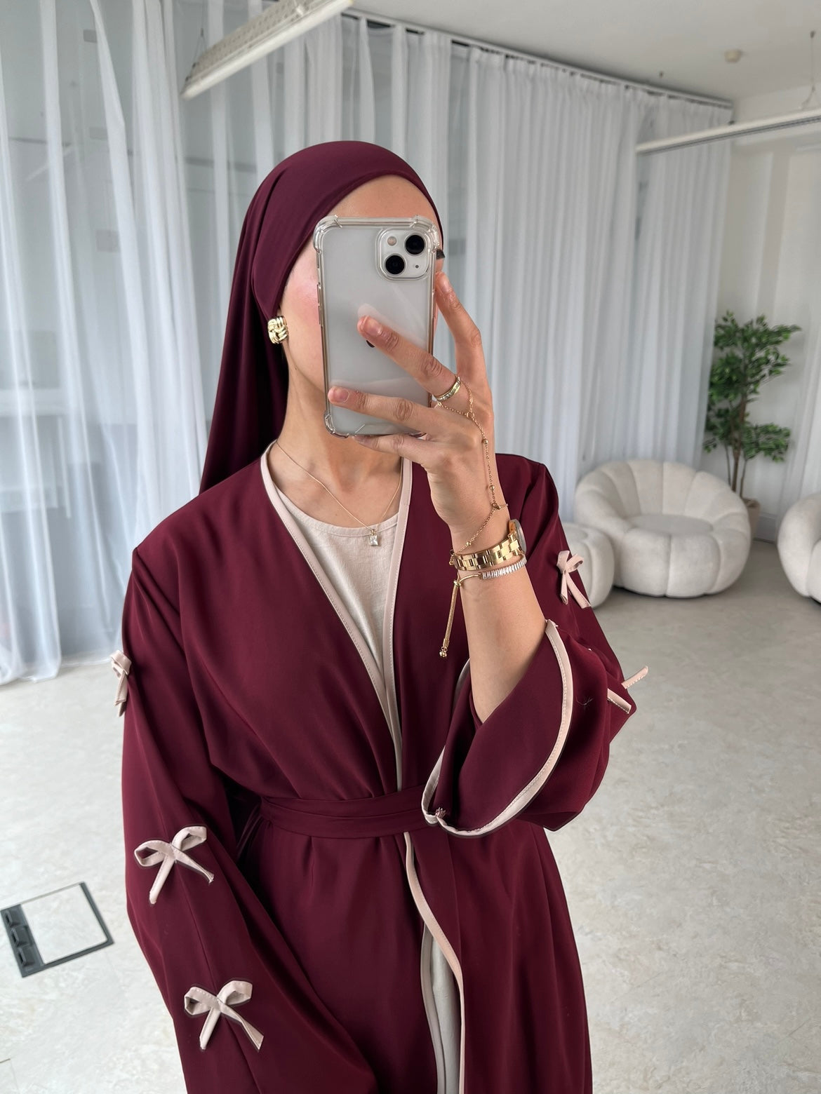 Burgundy bow abaya