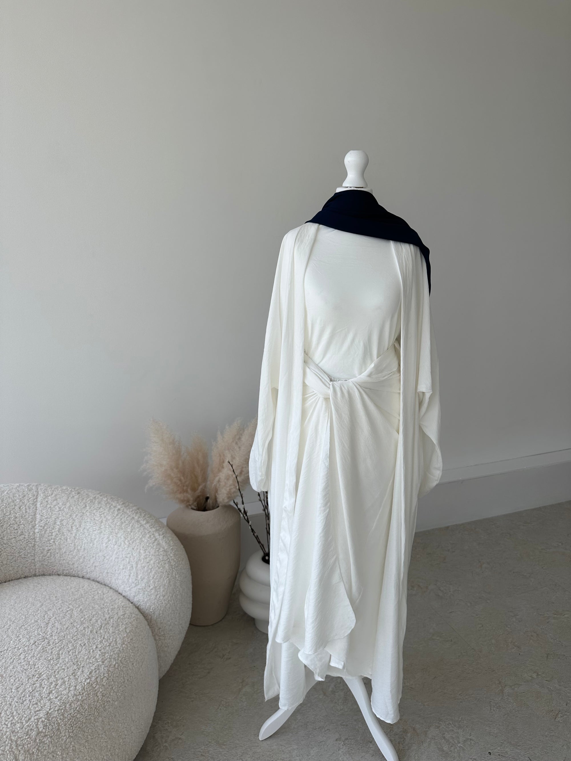 White open crepe abaya with wrap skirt
