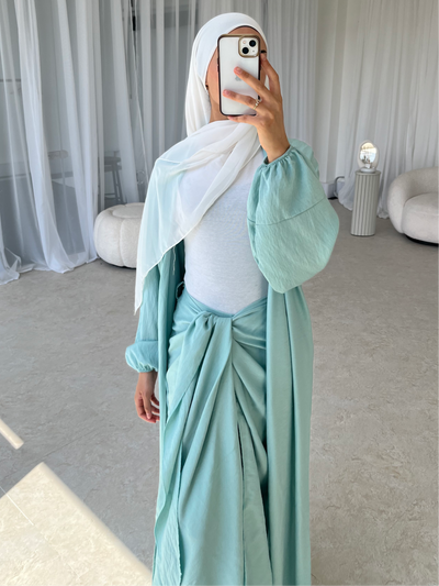 Mint crepe open abaya with wrap skirt