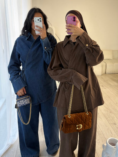 Brown side tie denim set