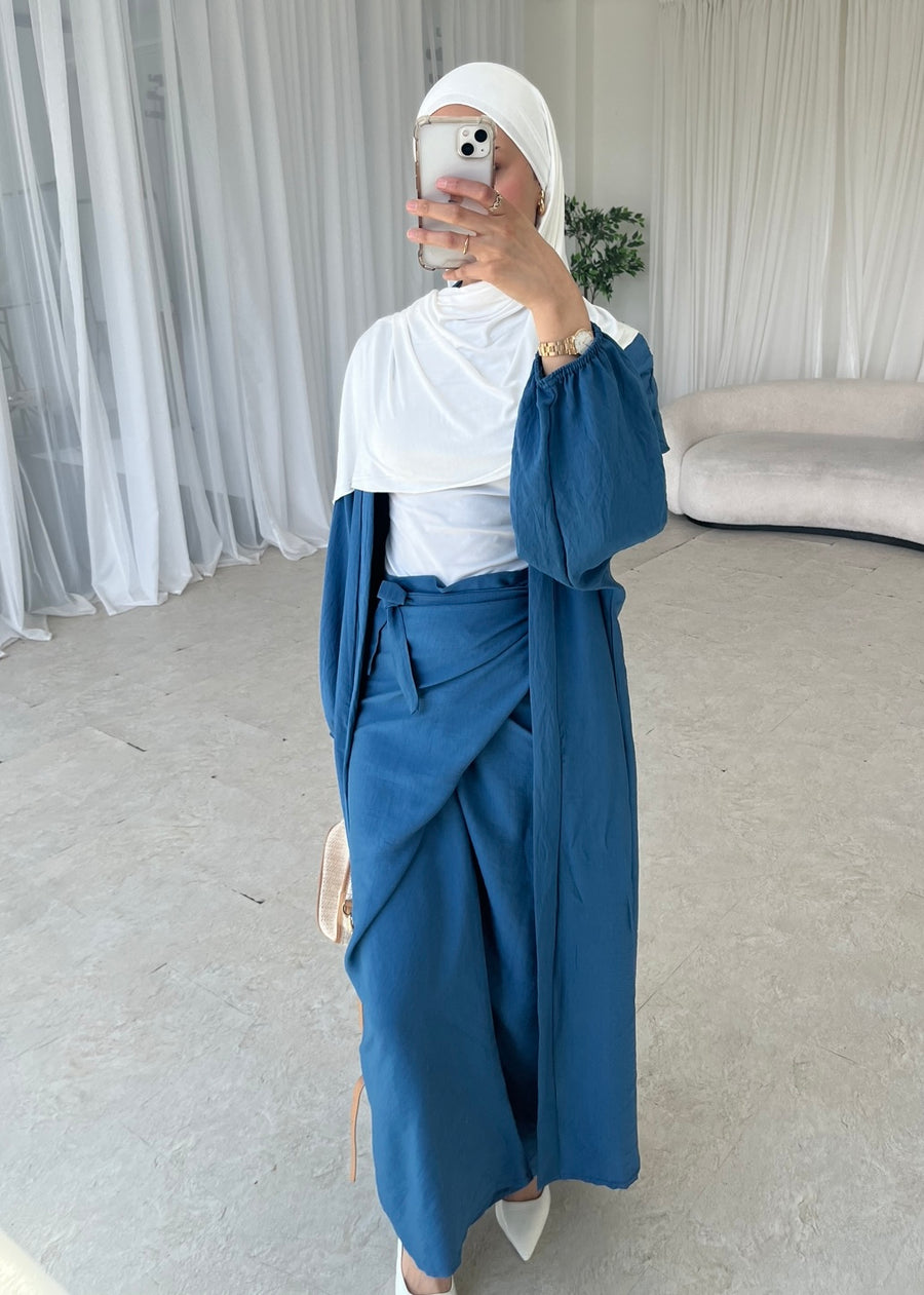 Denim blue kimono and maxi skirt set