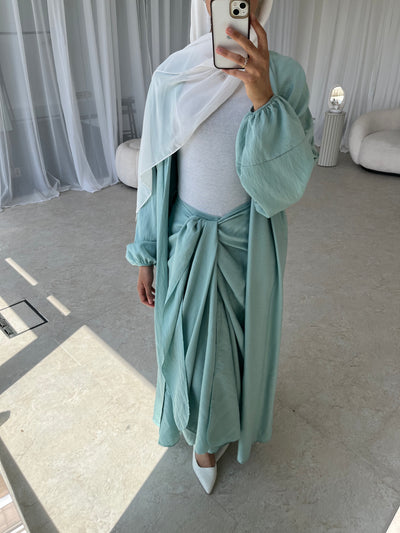 Mint crepe open abaya with wrap skirt