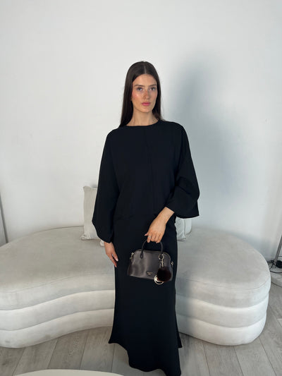 (PRE-ORDER) Black cape top and skirt set