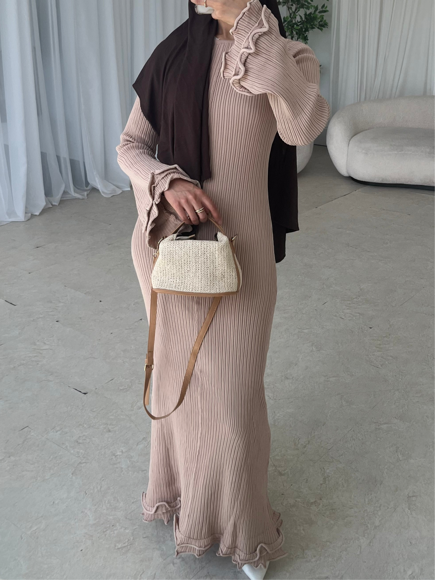 Beige maxi knitted lace back dress