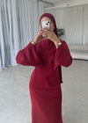 Red satin split belle sleeve dress