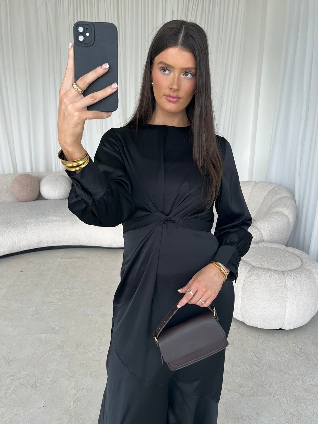 Black silk tie back black dress