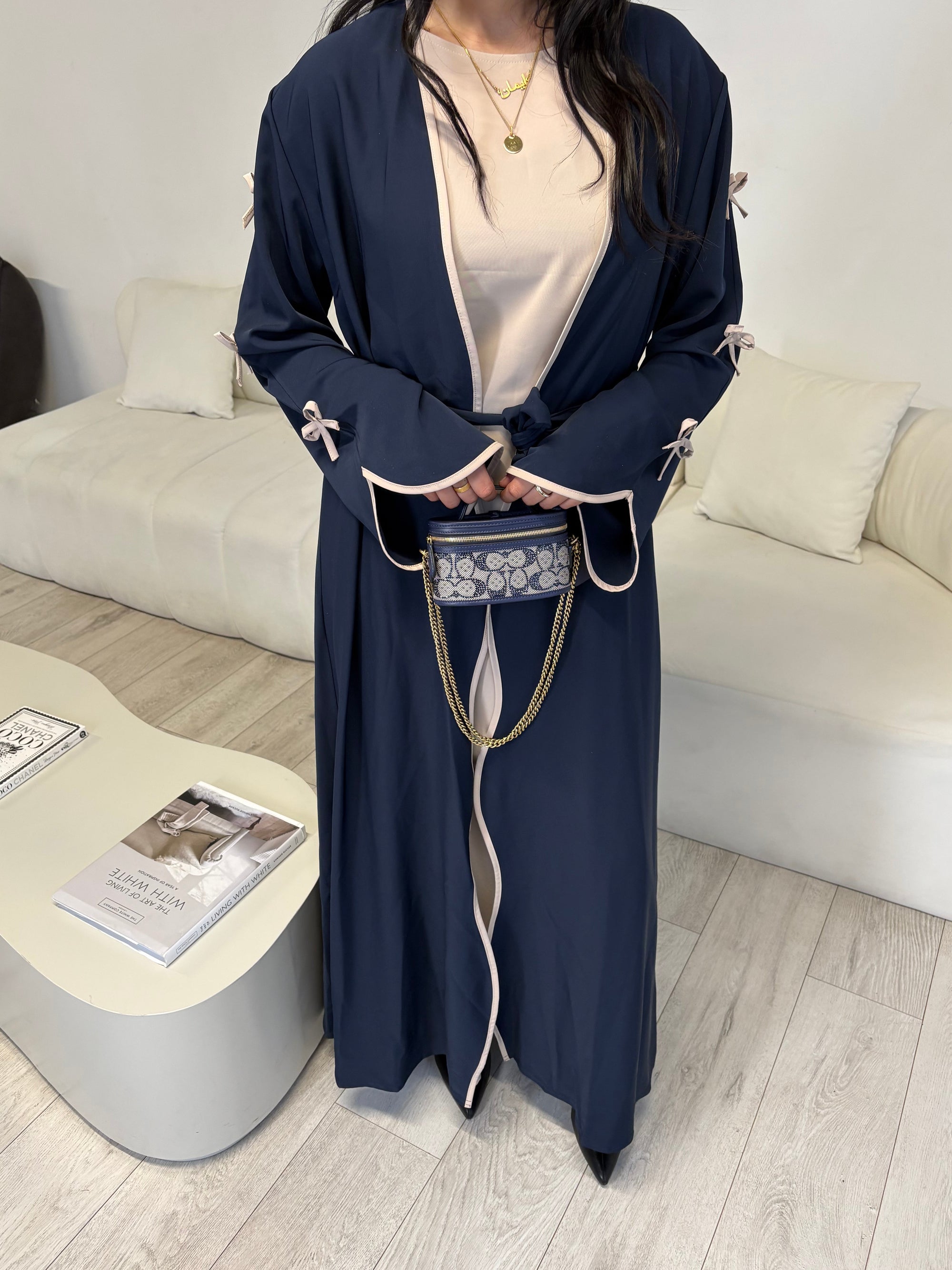 Navy bow sleeve open abaya