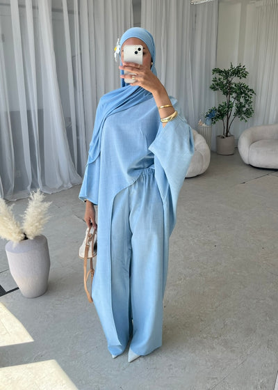 Baby blue asymmetrical top and trouser set (TALL)