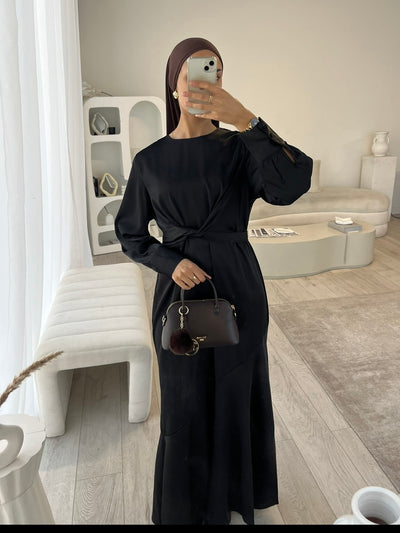 Black silk tie back black dress