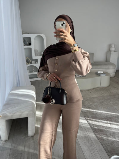 Beige balloon sleeve cardigan and wide leg trouser set