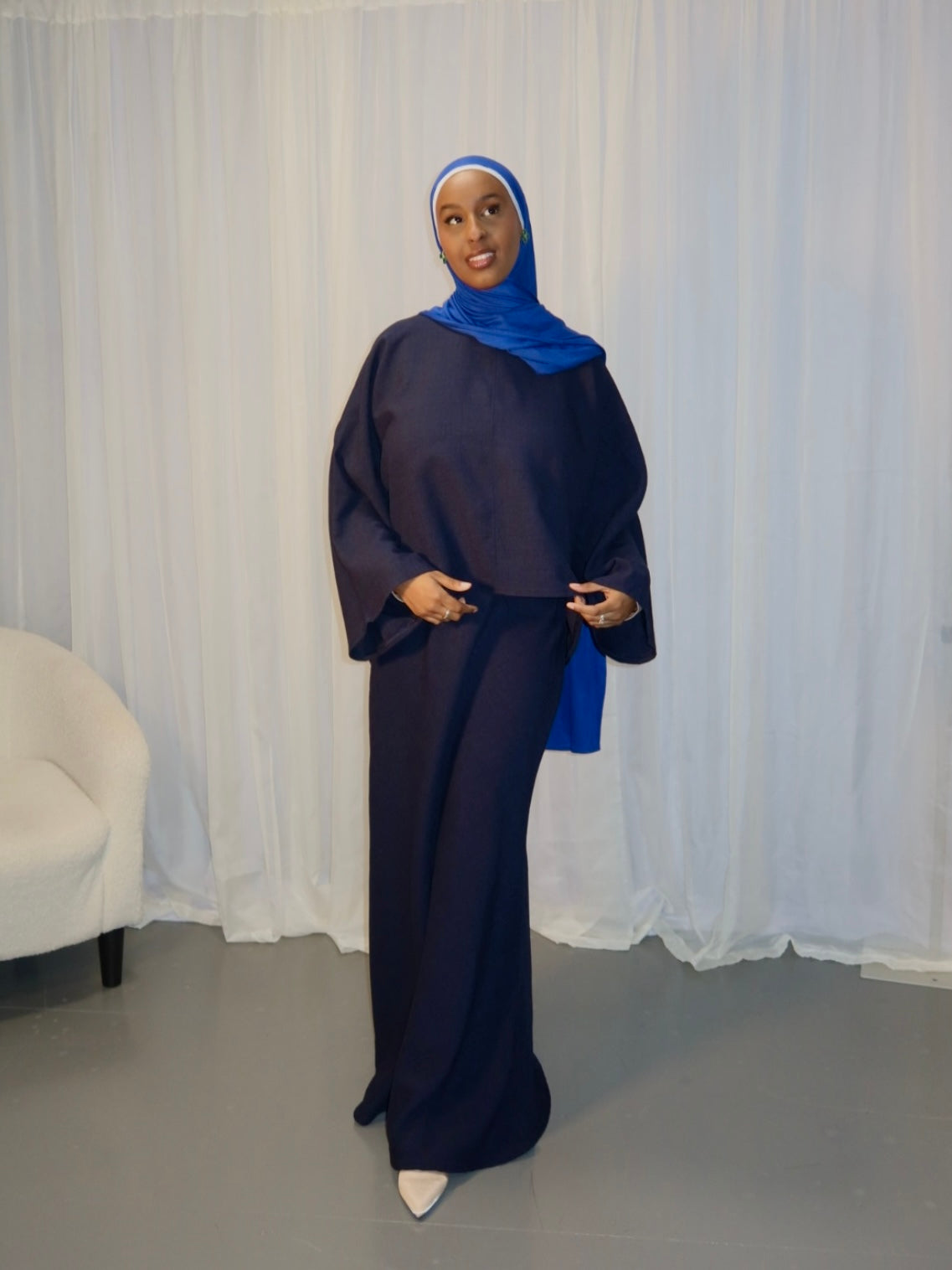 Navy cape top and skirt set