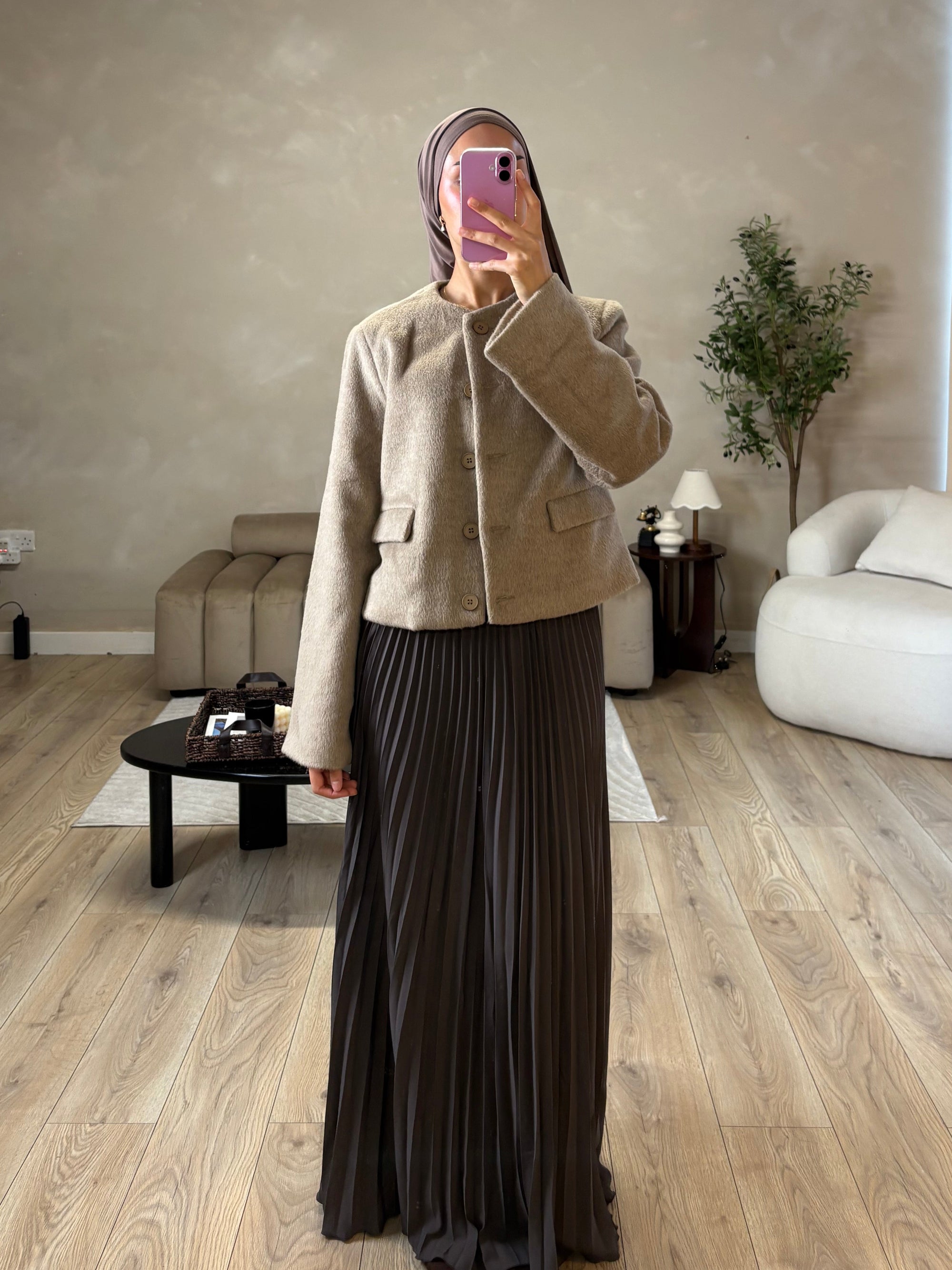 Brown pleated maxi skirt