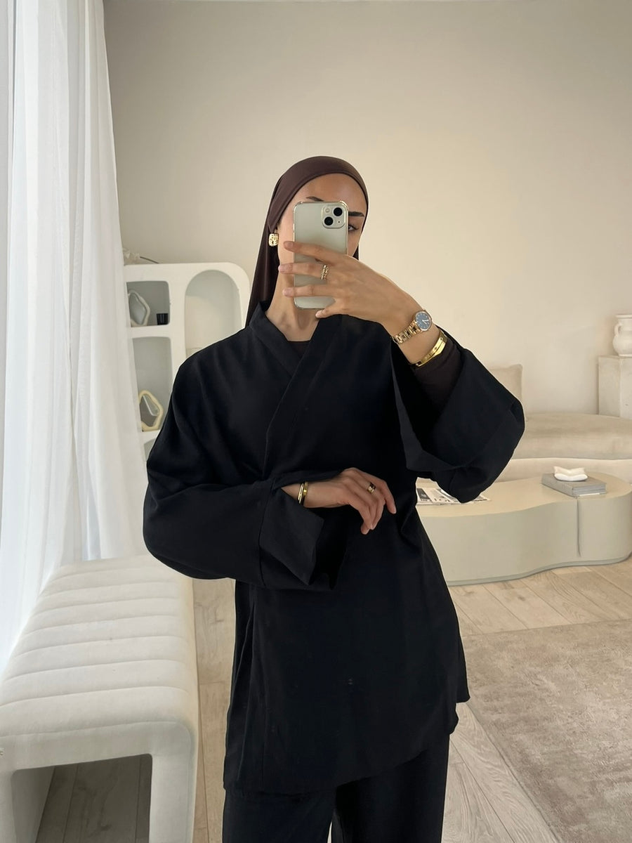 Black kimono top and trouser co-ord