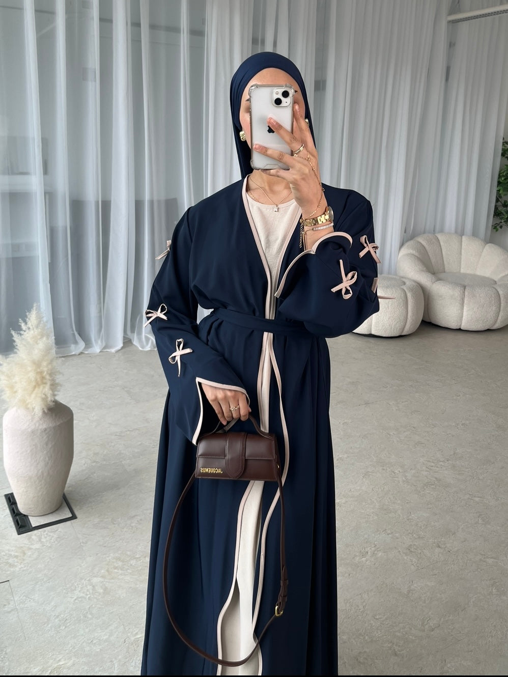 Navy bow sleeve open abaya