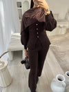 Brown balloon sleeve cardigan and wide leg trouser set