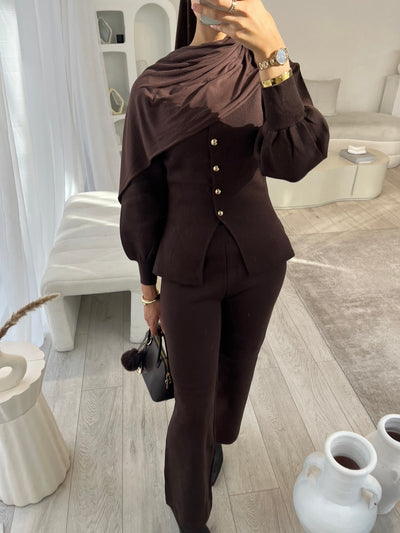Brown balloon sleeve cardigan and wide leg trouser set