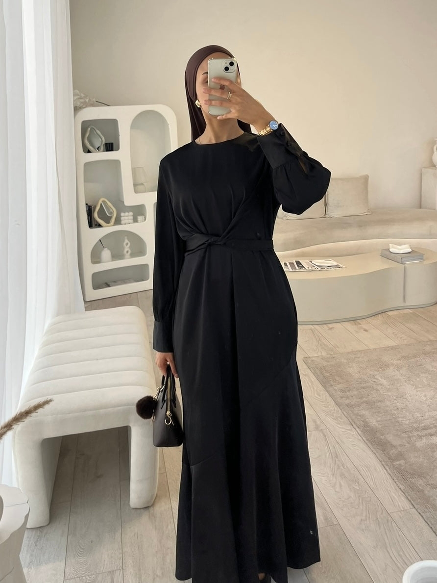 Black silk tie back black dress