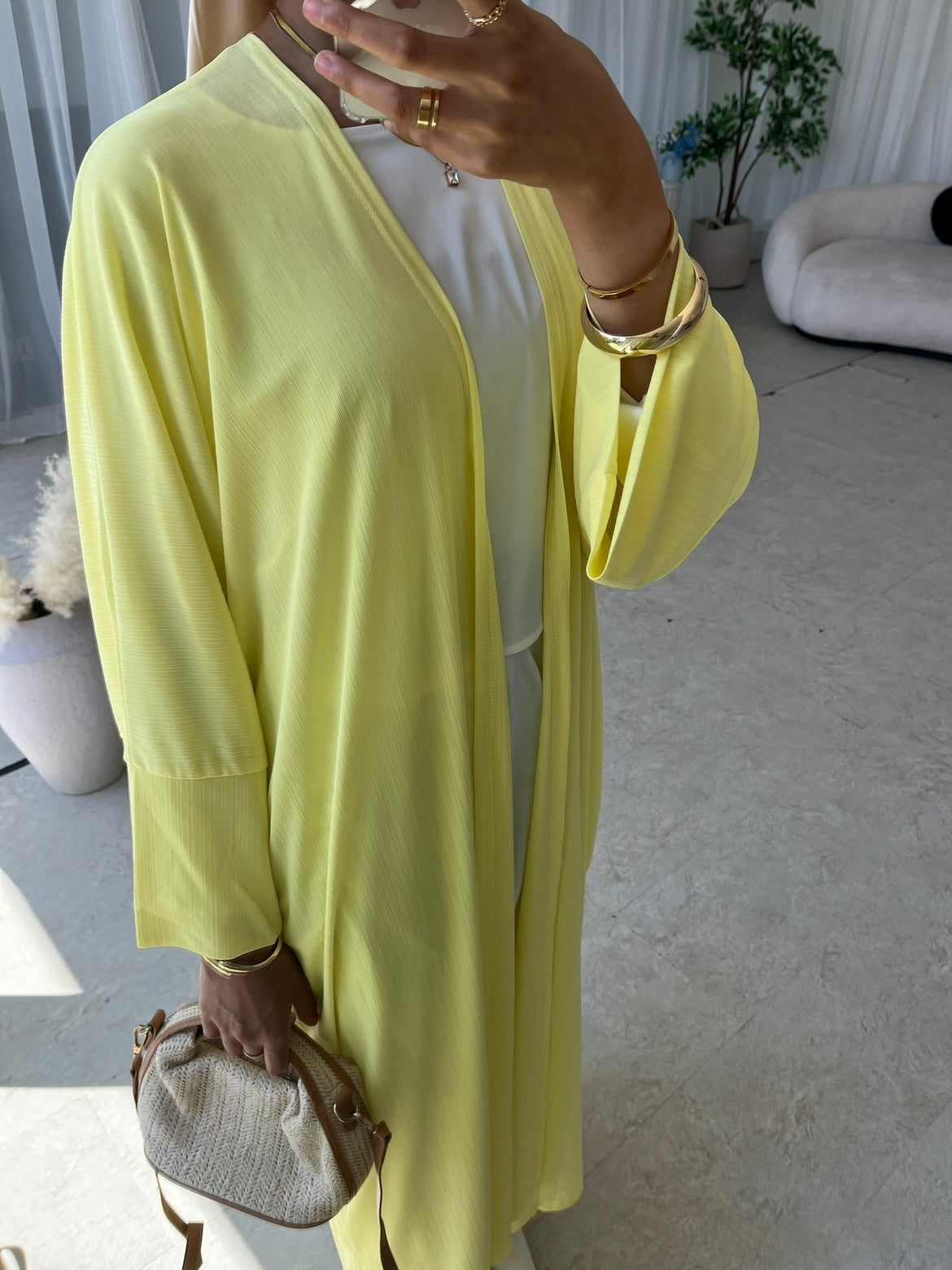 Yellow ribbed open abaya