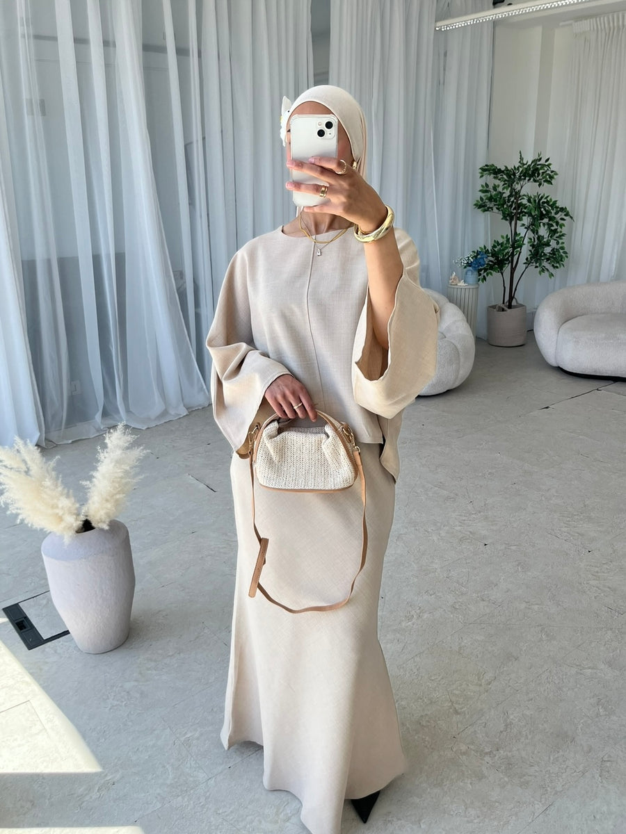 Beige cape top and skirt set