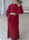 Red satin split belle sleeve dress