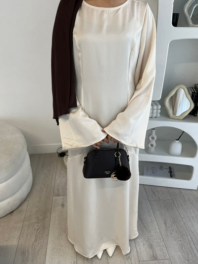 Beige satin dress with tie back belt