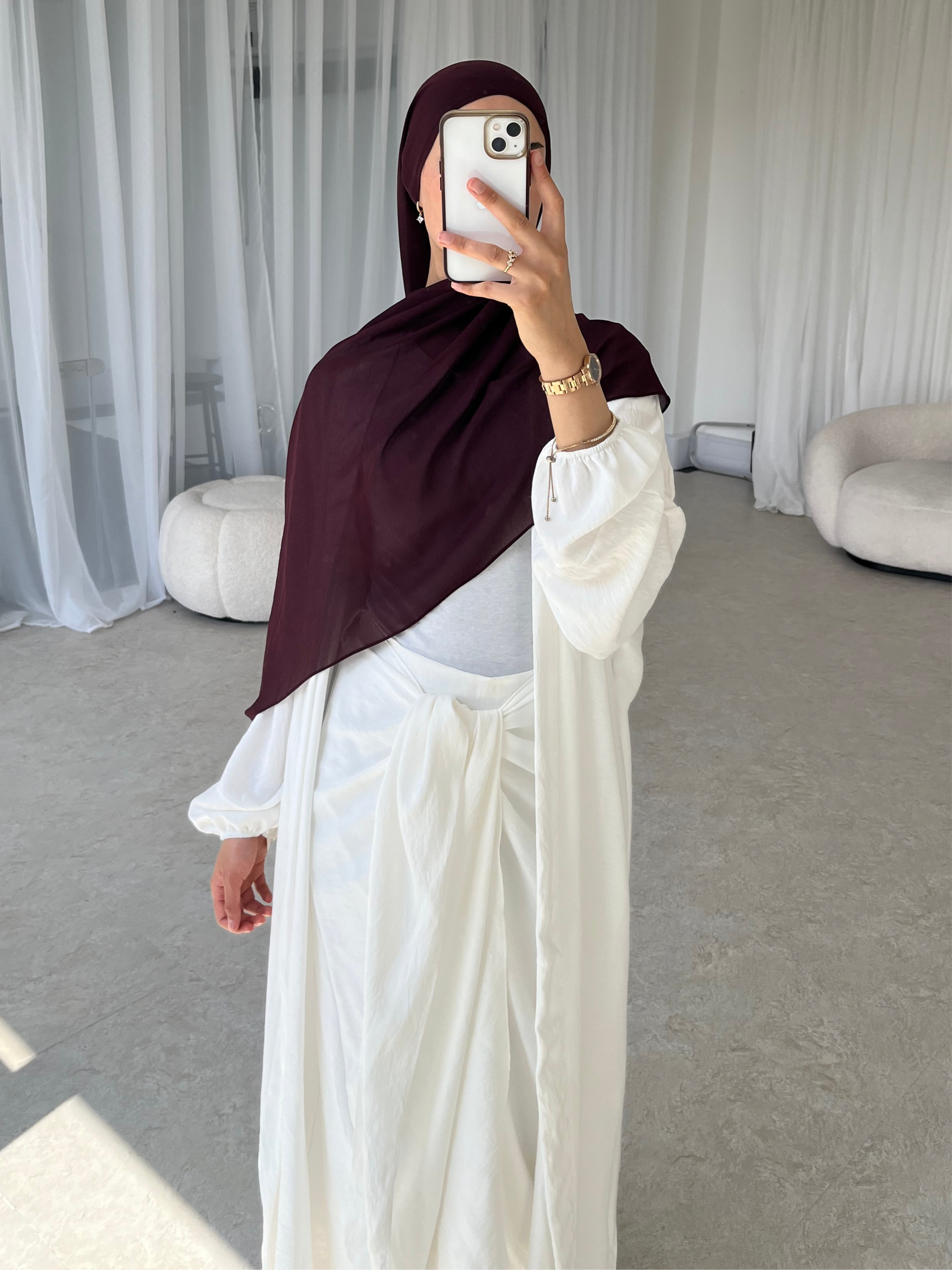 White open crepe abaya with wrap skirt