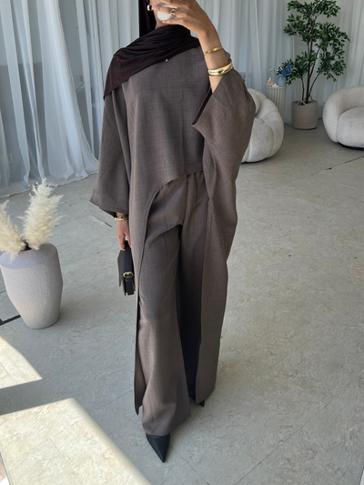 Taupe asymmetrical top and trouser set (TALL)