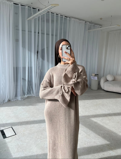 Taupe bow sleeve knitted dress