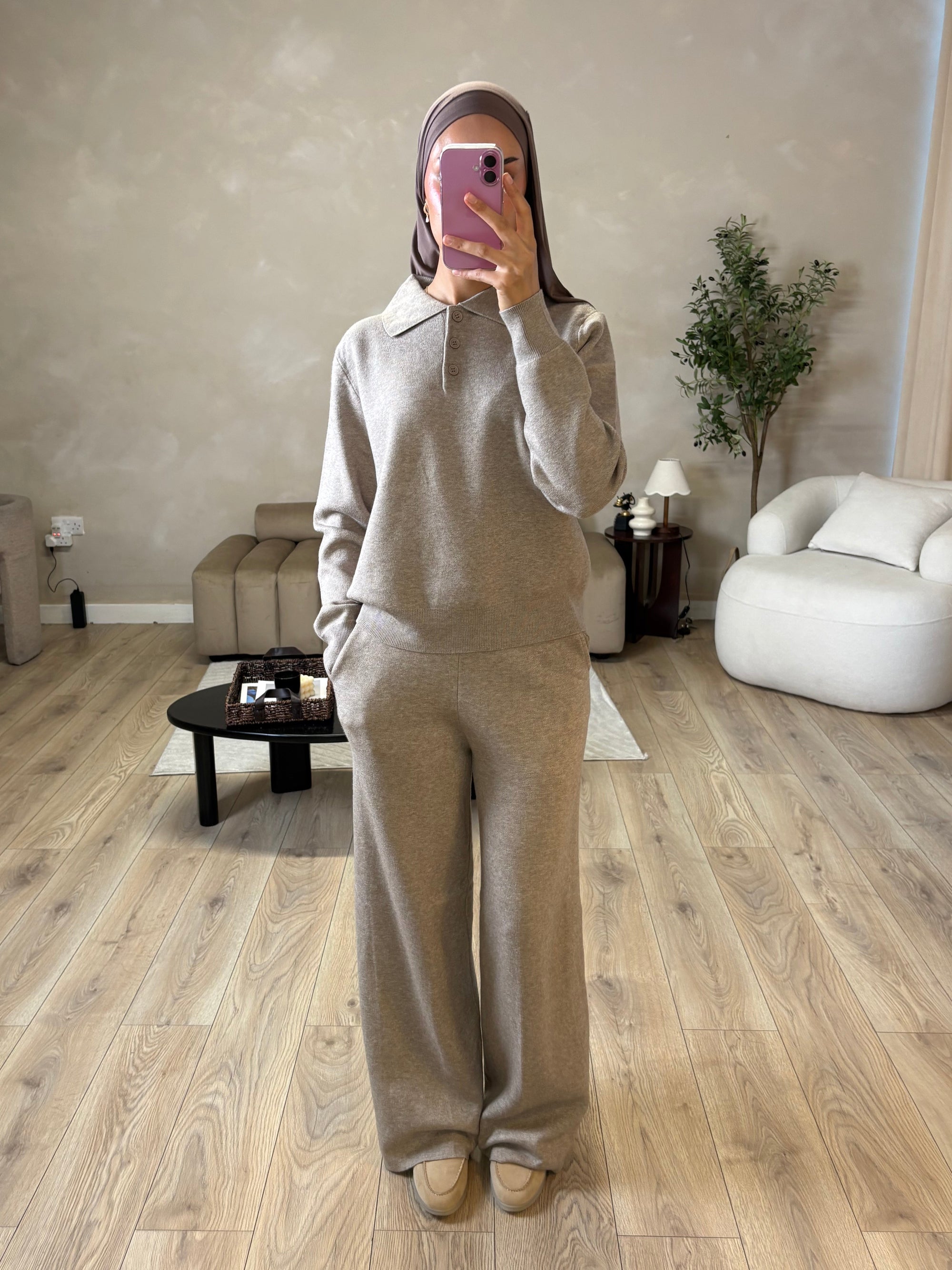 Taupe luxe knit polo set