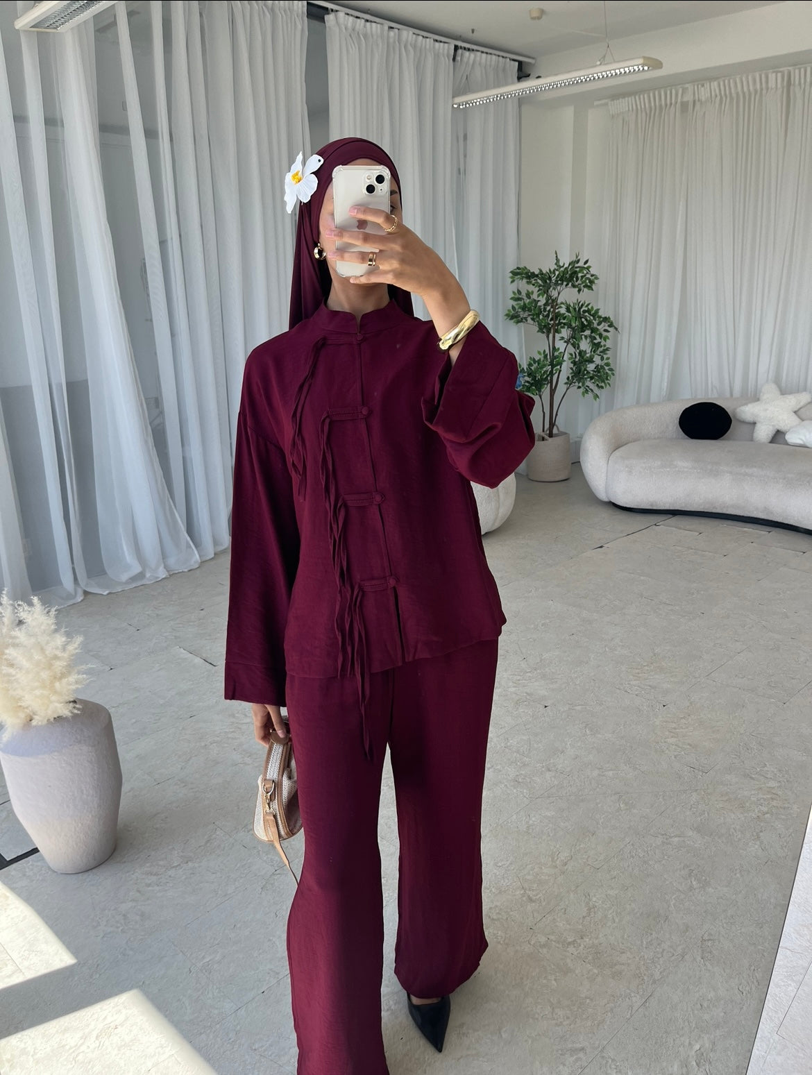 Burgundy two piece top and trouser co-ord