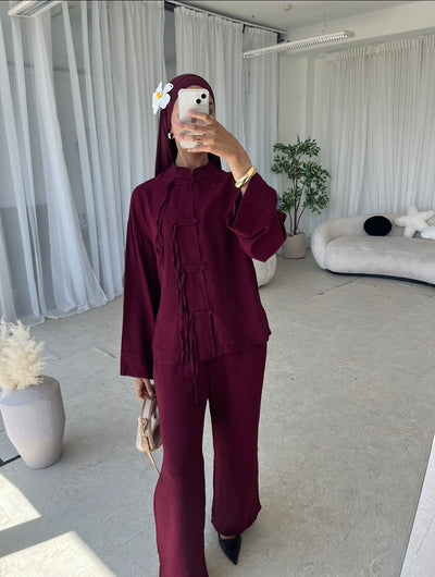 Burgundy two piece top and trouser co-ord