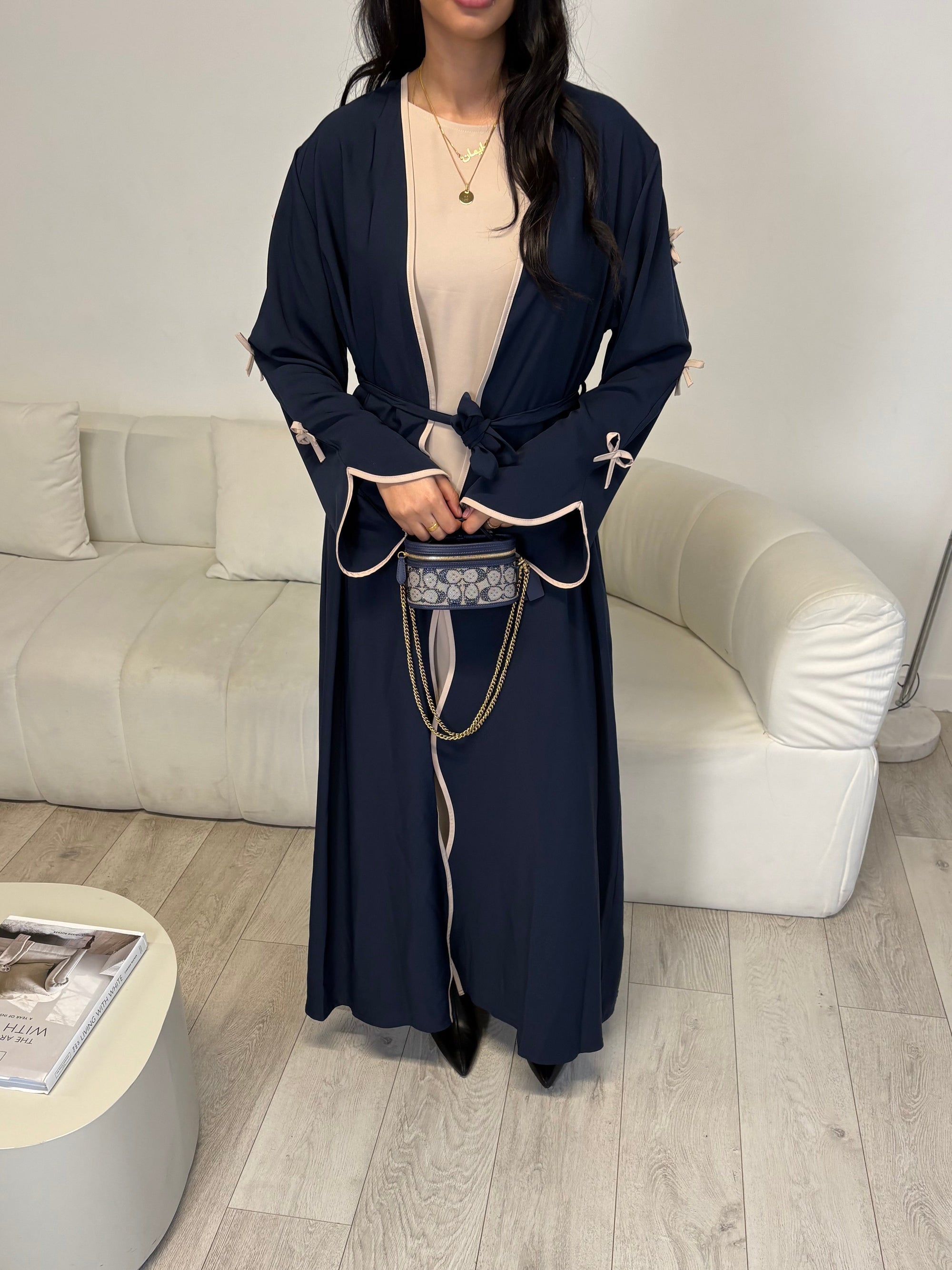 Navy bow sleeve open abaya