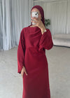 Red satin split belle sleeve dress