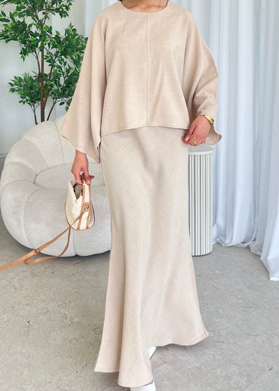 Beige cape top and skirt set