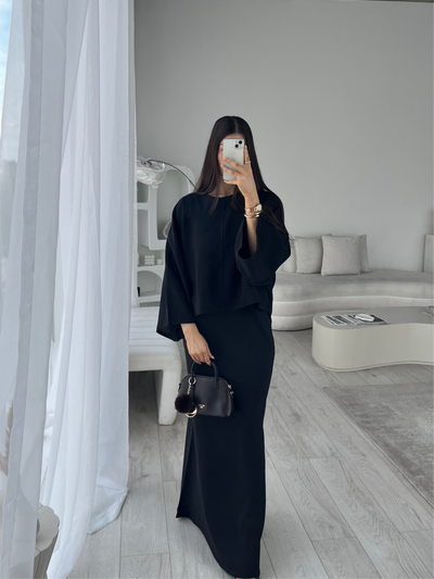 (PRE-ORDER) Black cape top and skirt set