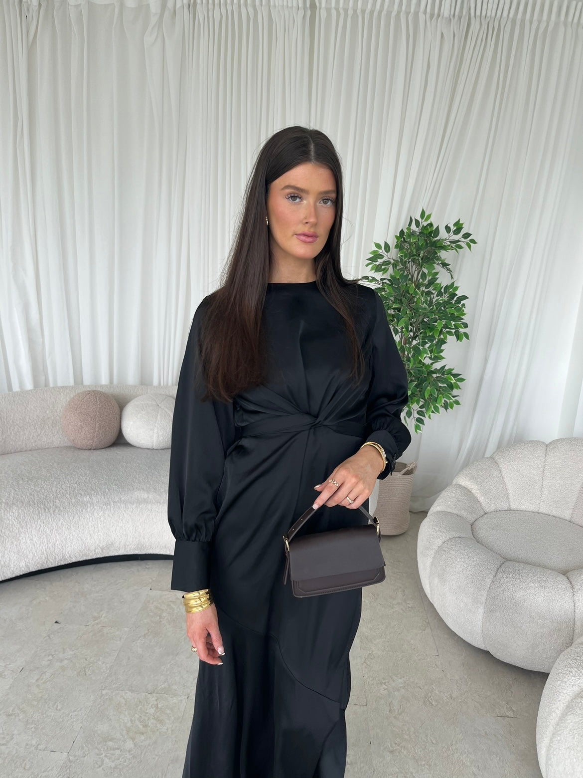 Black silk tie back black dress