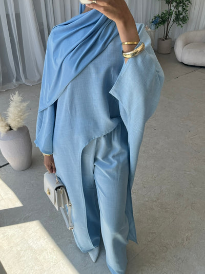 Baby blue asymmetrical top and trouser set (TALL)