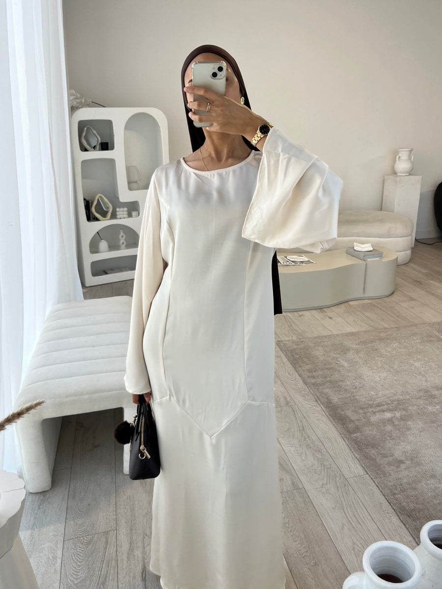 Beige satin dress with tie back belt