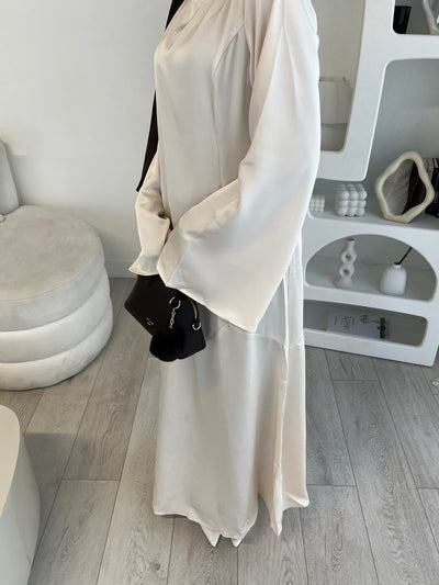 Beige satin dress with tie back belt