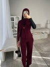 Burgundy sleeveless cardigan and wide leg trouser set
