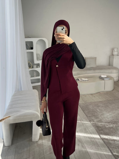 Burgundy sleeveless cardigan and wide leg trouser set