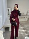 Burgundy sleeveless cardigan and wide leg trouser set
