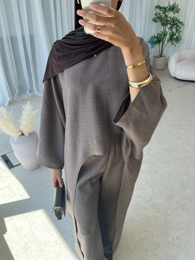 Taupe asymmetrical top and trouser set (TALL)