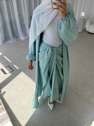 Mint crepe open abaya with wrap skirt