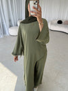 Khaki feather sleeve asymmetrical set