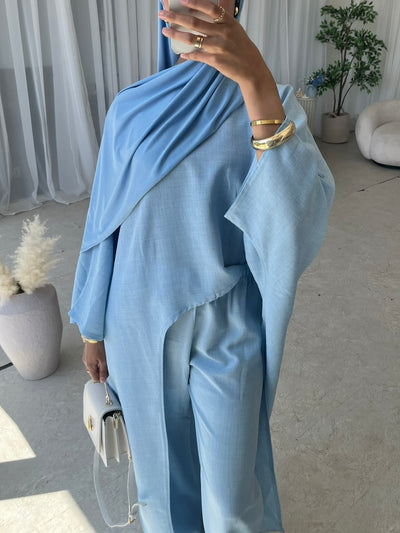 Baby blue asymmetrical top and trouser set (TALL)